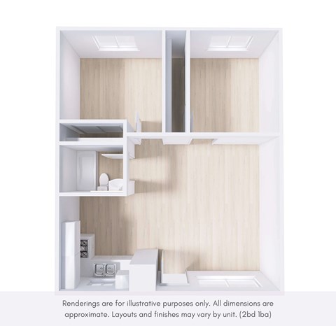 A rendering of a modern, minimalist bathroom with a toilet, sink, and shelving.